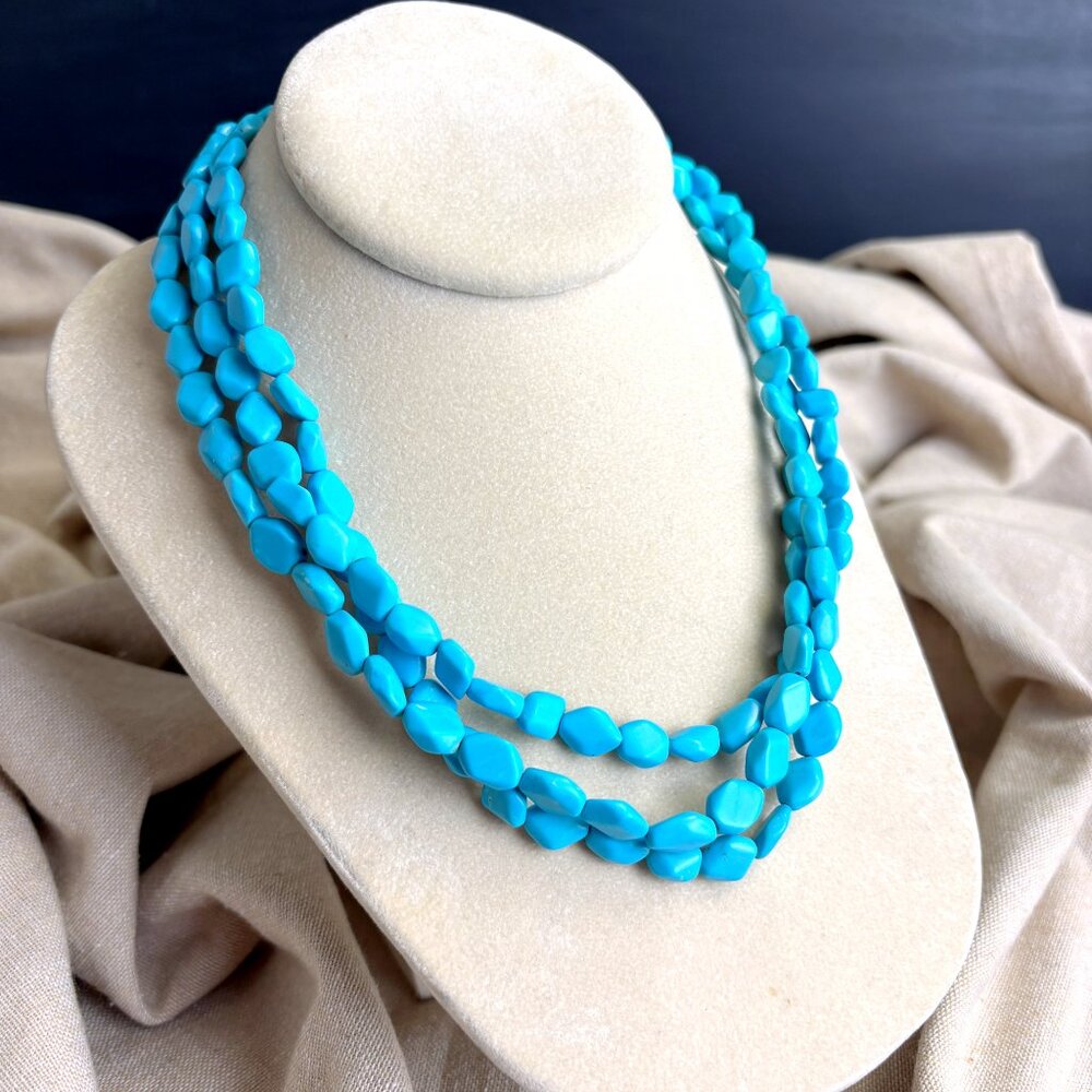 Lucoral triple strand turquoise color beaded necklace, sterling clasp